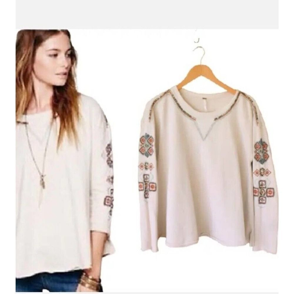 Free People Oversized Sweatshirt Cream Embroidered Beaded XS Boho Western